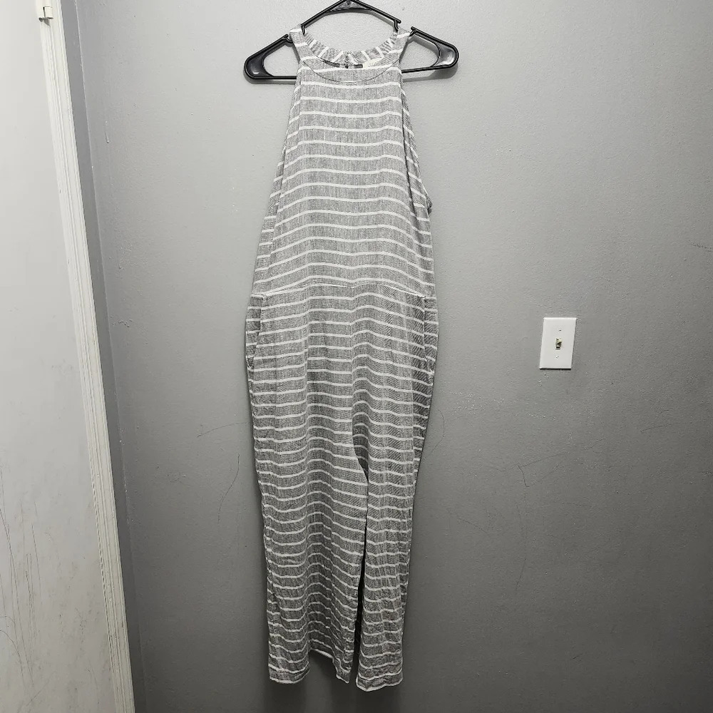 Loft women's jumpsuit linen blend wide legs size XL stripped gray and wh…